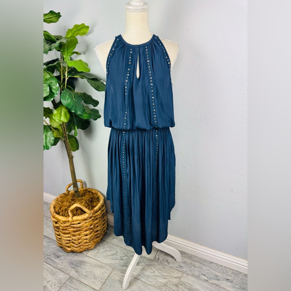 Ramy Brook Blue Asymmetrical High-Low Sleeveless Smocked Midi Sundress size L